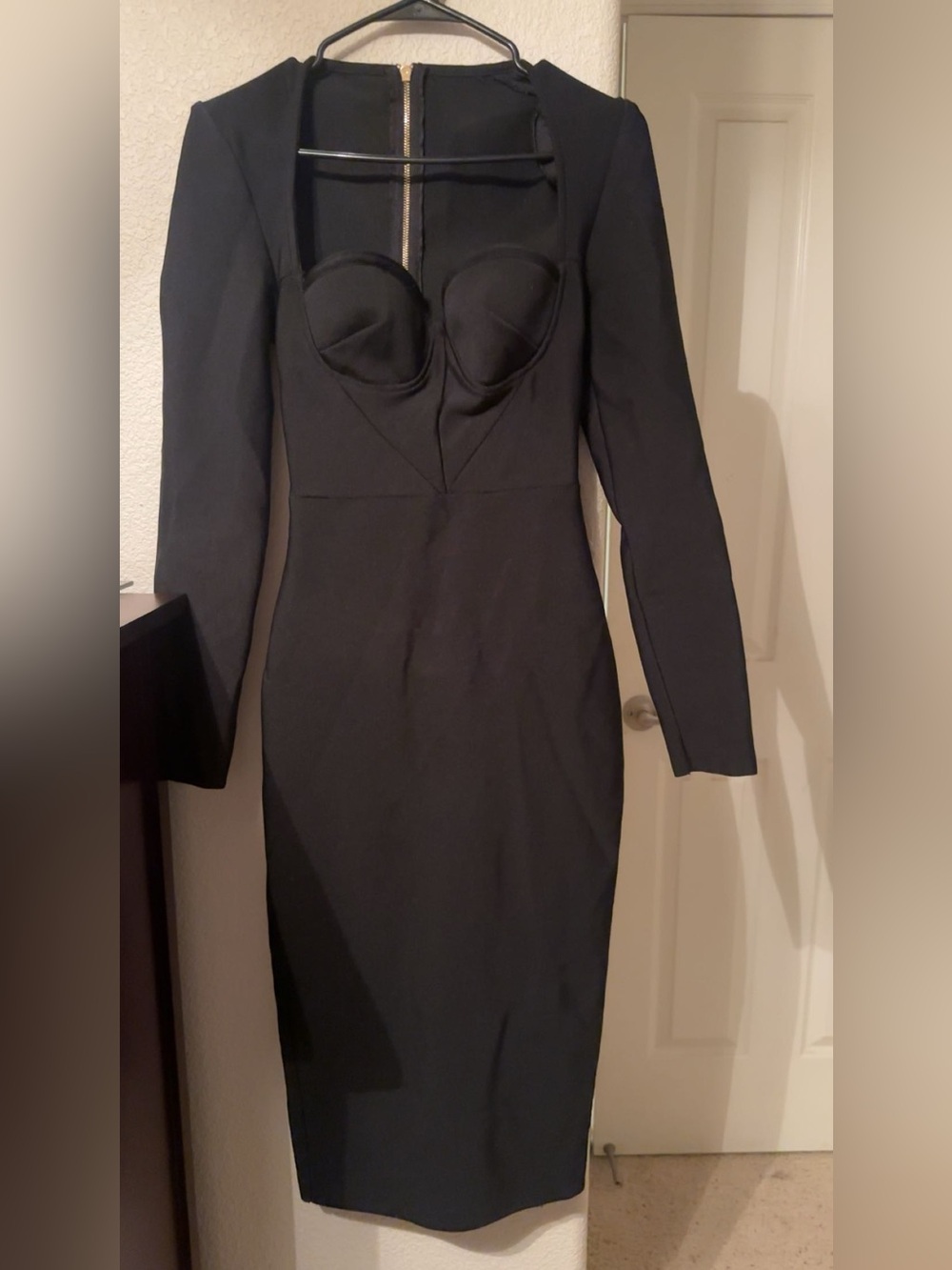 House of CB Black Long-Sleeve Bodycon Dress with Structured Bust & Waist